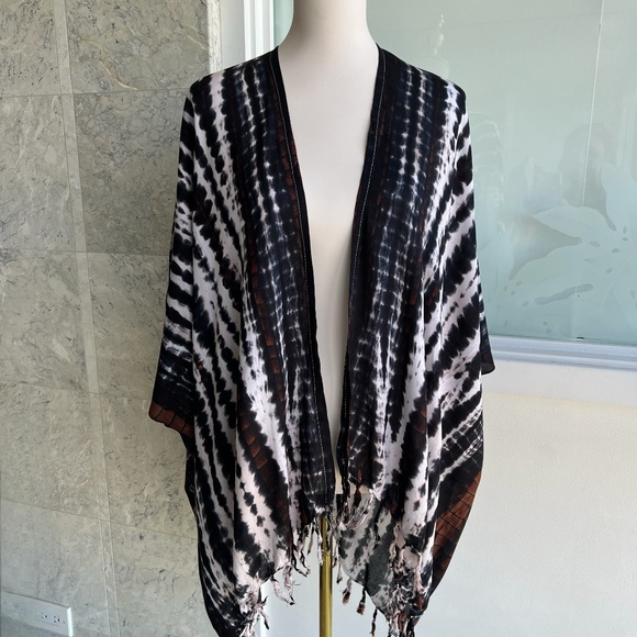 0056/ Black White Brown Kimono Cover up, Cardigan Outer with Fringes - Picture 9 of 9